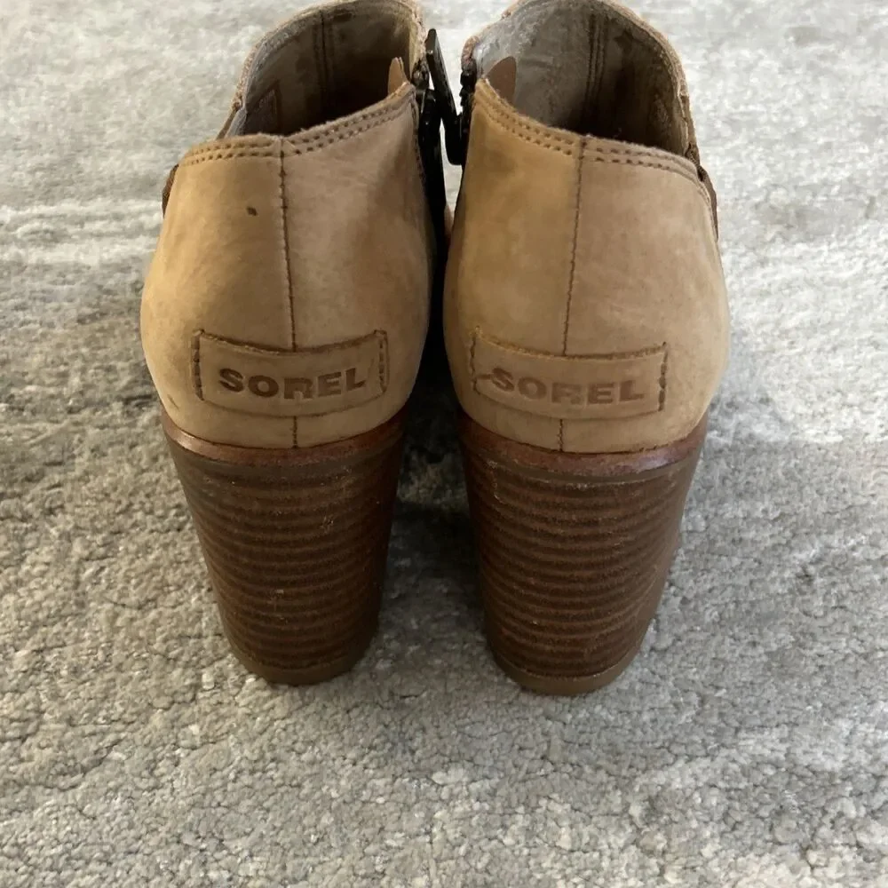 Sorel Nadia Ankle Booties Womens 7 Stacked Block Heel Peep Toe Leather Beige